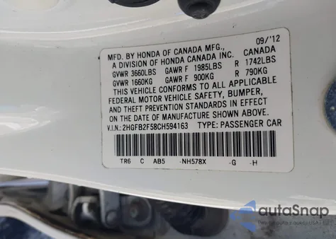 2012 Honda Civic Lx from USA, damaged, VIN 2HGFB2F58CH594163